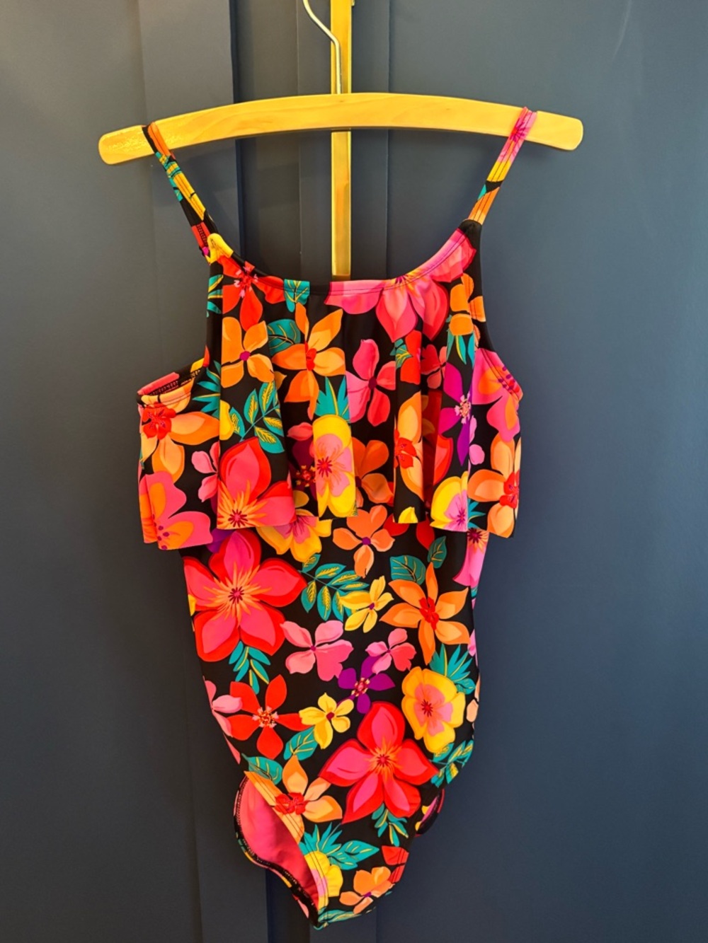 Girls Black Floral One-Piece Swimsuit with Pink & Orange Blooms